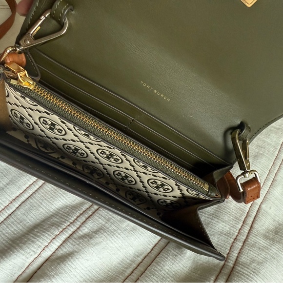 Tory Burch T Monogram Embossed Wallet Crossbody Bag Green Brown GeometricPattern - Picture 16 of 16